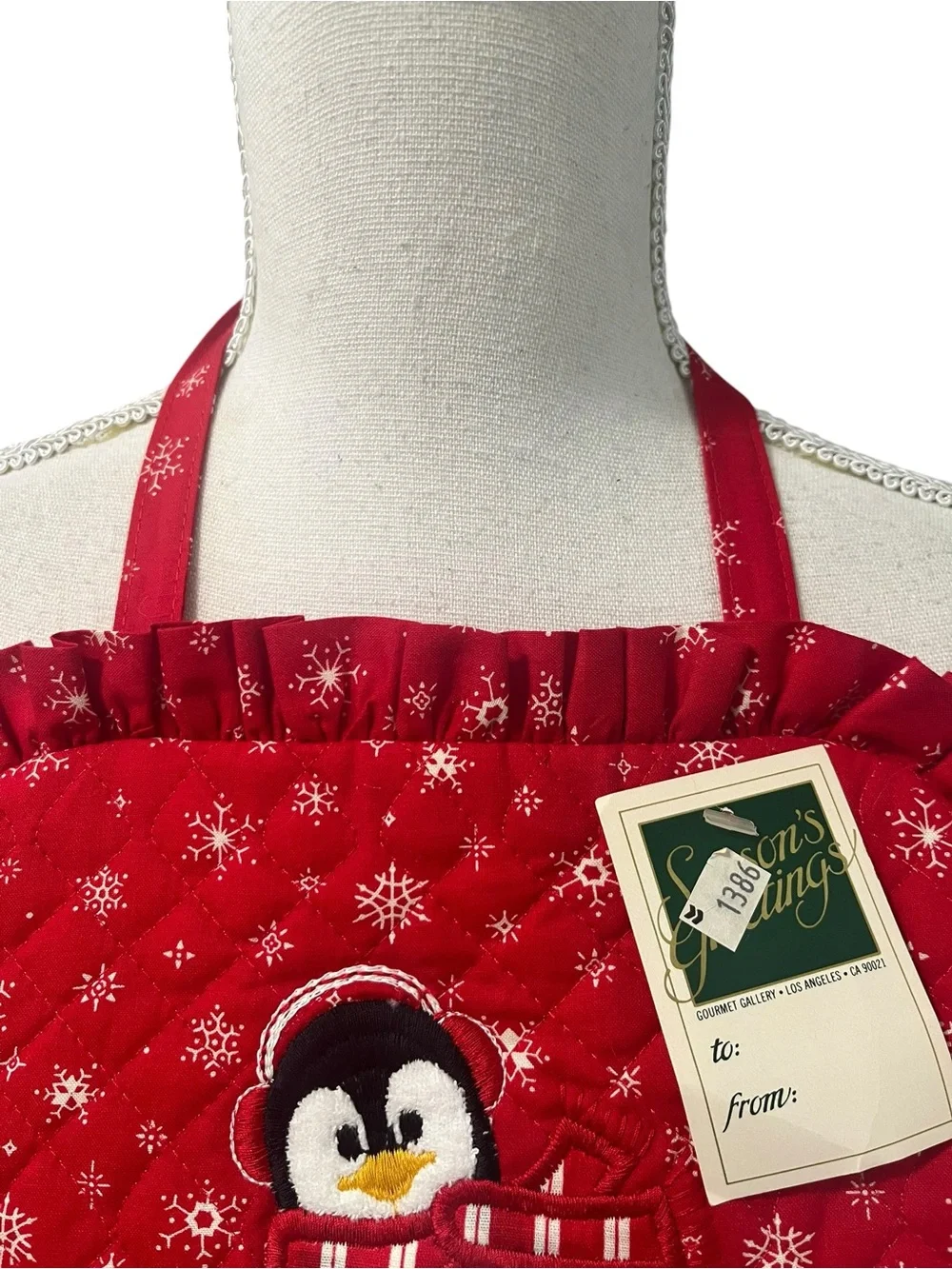 VTG Gourmet Gallery Embroidered Penguin Appliqué Snowflakes Full Apron USA NWT